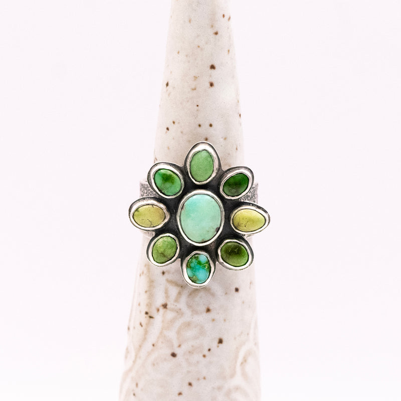 Soul Flower Sterling Silver Ring / Verde Valley & Sonoran Gold Turquoise  / U.S. Size 10 1/4