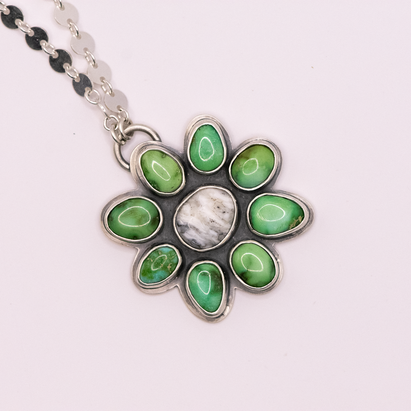 Soul Flower Pendant: Verde Valley & White Buffalo Turquoise