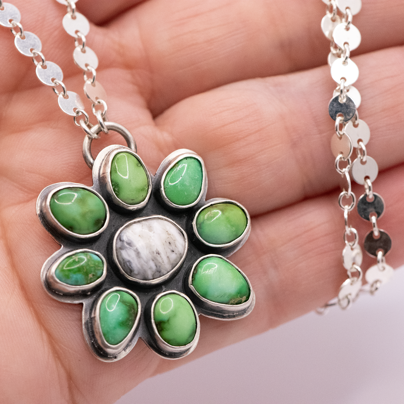 Soul Flower Pendant: Verde Valley & White Buffalo Turquoise