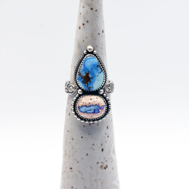 Goddess Ring ~ Golden Hill Turquoise & Mexican Fire Opal / U.S. Size 7