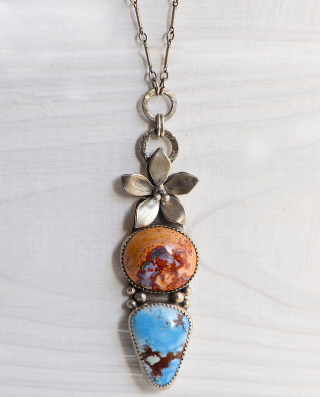 Sterling Silver Lily Pendant with Golden Hill Turquoise & Mexican Fire Opal
