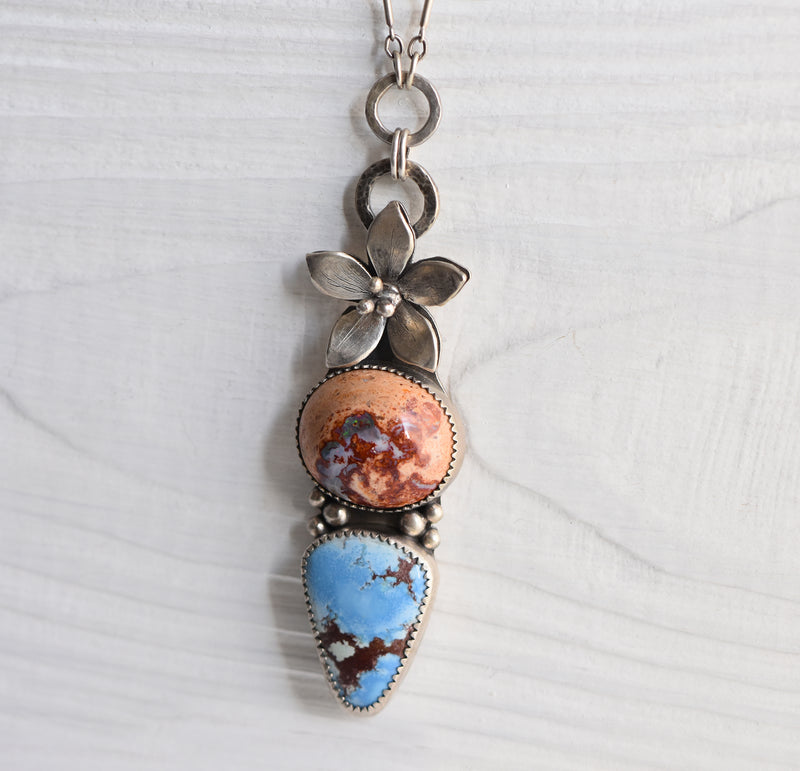 Sterling Silver Lily Pendant with Golden Hill Turquoise & Mexican Fire Opal