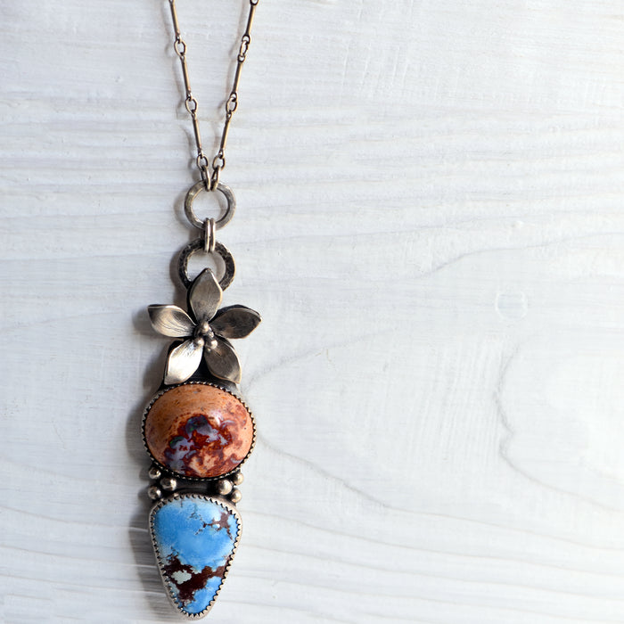 Sterling Silver Lily Pendant with Golden Hill Turquoise & Mexican Fire Opal