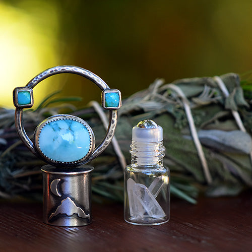 Essential Oil Rollerball Necklace - Mt. Hood & Crescent Moon Scene with Blue Moon & Sonoran Gold Turquoise