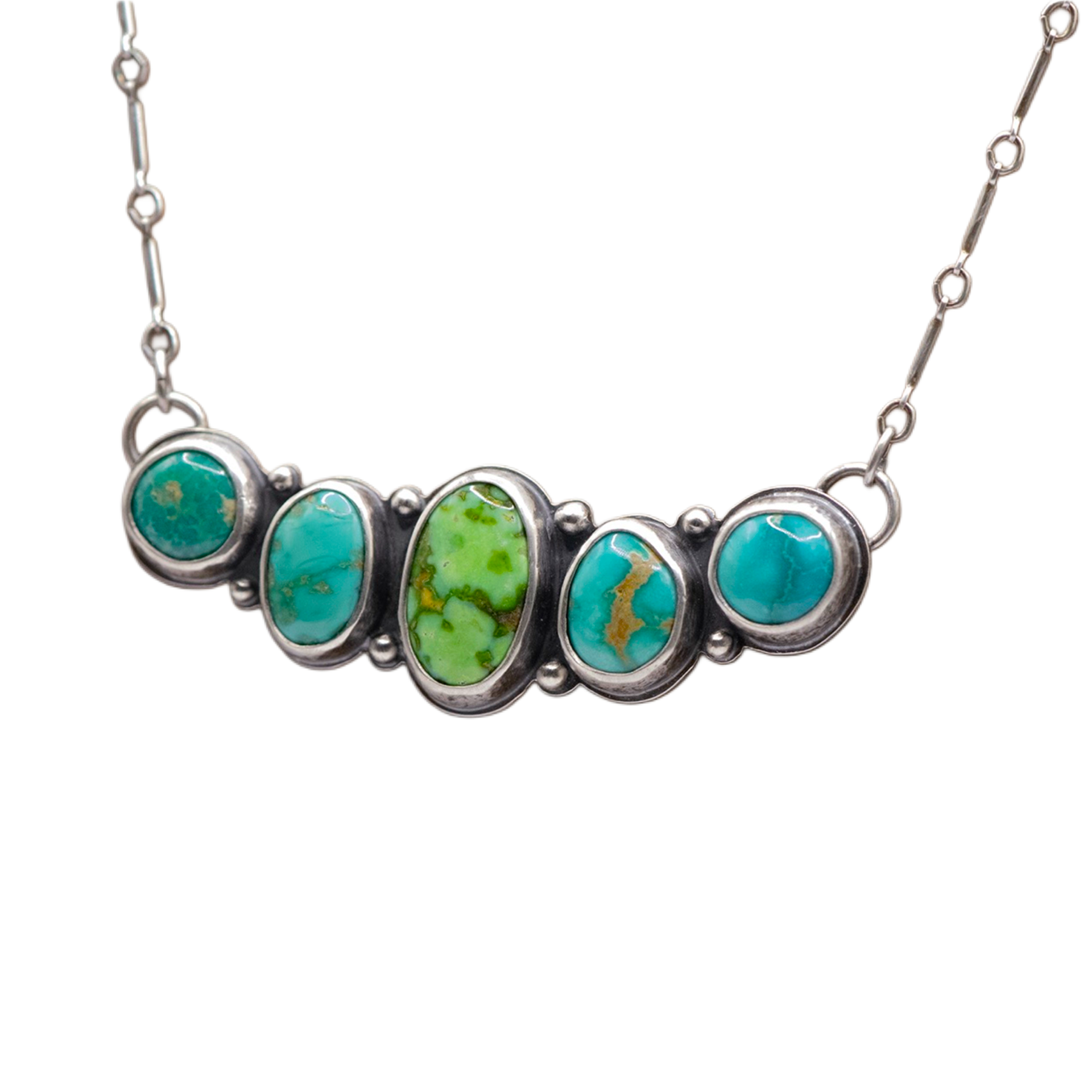 Sterling Silver & Emerald Valley Turquoise Stone Collector Horizontal Necklace