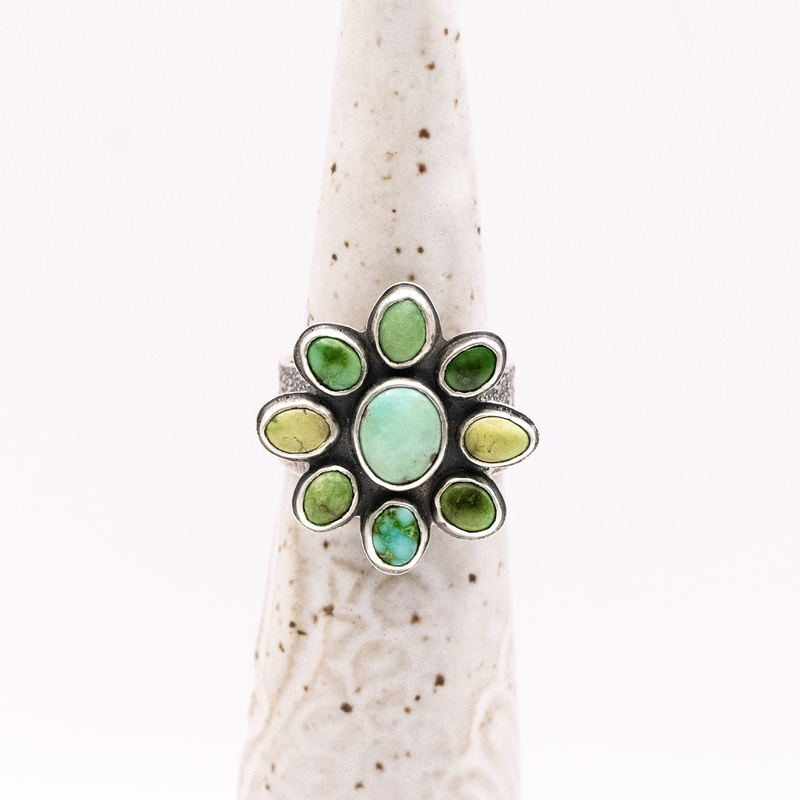 Soul Flower Sterling Silver Ring / Verde Valley & Sonoran Gold Turquoise  / U.S. Size 10 1/4