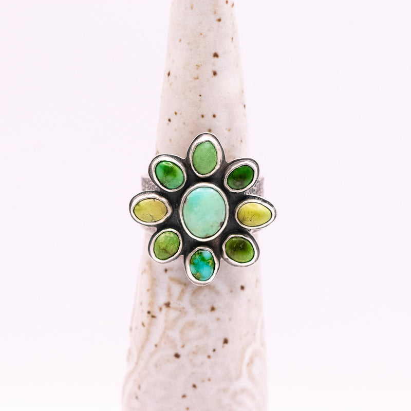 Soul Flower Sterling Silver Ring / Verde Valley & Sonoran Gold Turquoise  / U.S. Size 10 1/4
