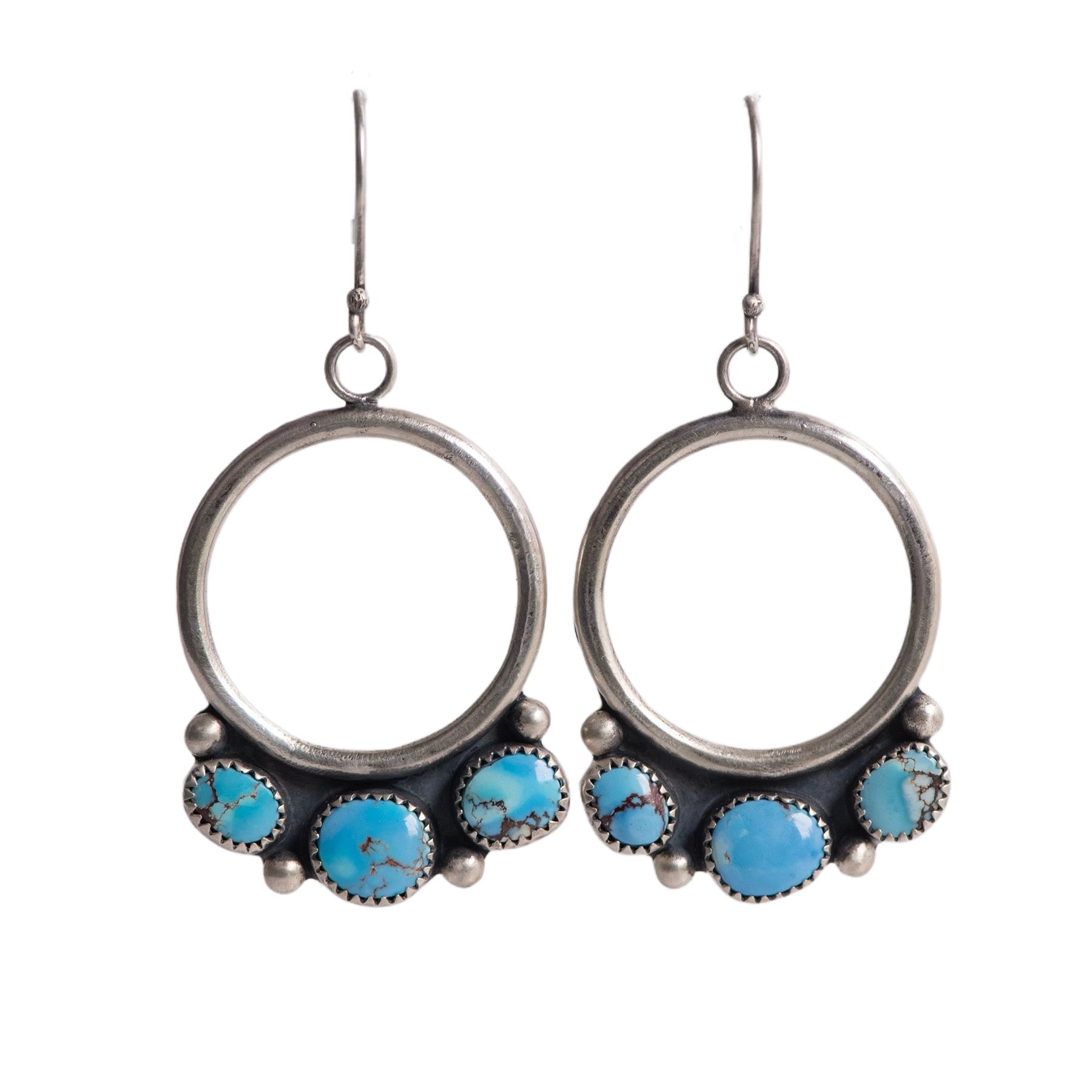 Golden Hills Turquoise Triple Stone Sterling Silver Hoops