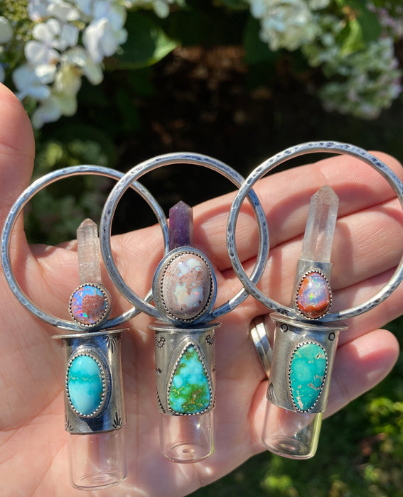 Goddess Amulet - Deluxe Essential Oil Rollerball  Necklace - Cantera Opal, White Water Turquoise, & Quartz Crystal Point