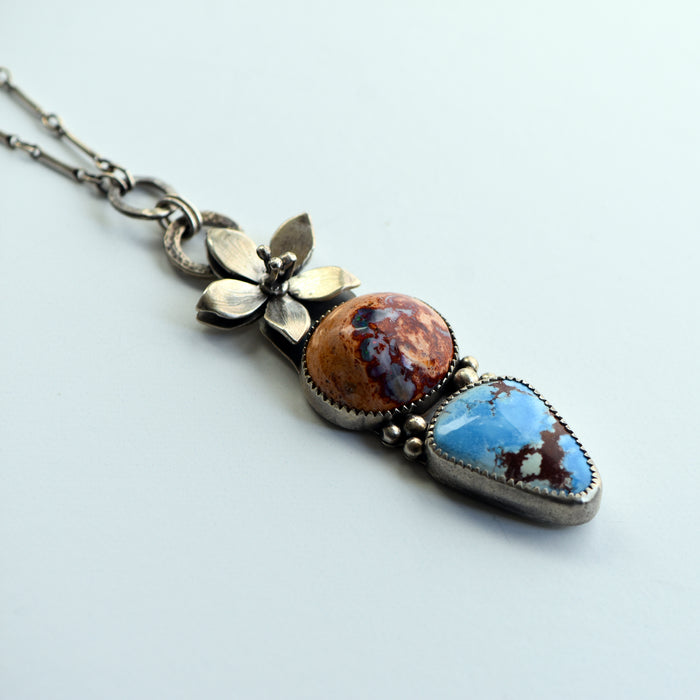 Sterling Silver Lily Pendant with Golden Hill Turquoise & Mexican Fire Opal