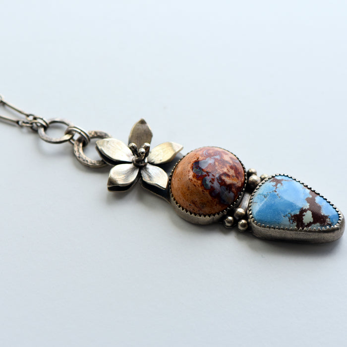 Sterling Silver Lily Pendant with Golden Hill Turquoise & Mexican Fire Opal