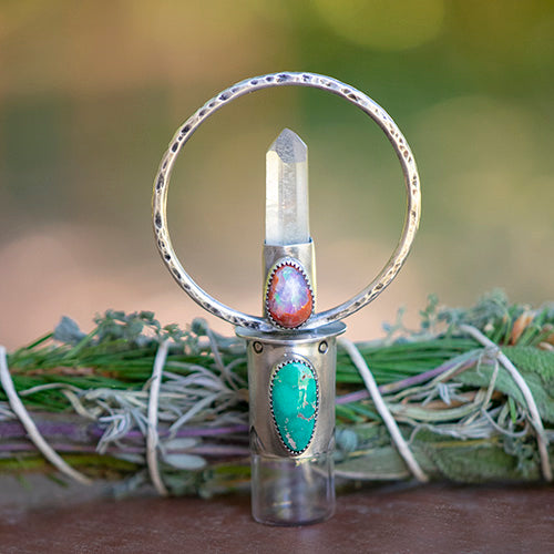 Goddess Amulet - Deluxe Essential Oil Rollerball  Necklace - Cantera Opal, Morning Star Turquoise, & Quartz Crystal Point