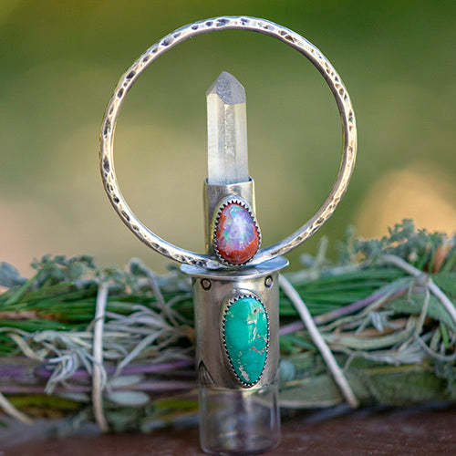 Goddess Amulet - Deluxe Essential Oil Rollerball  Necklace - Cantera Opal, Morning Star Turquoise, & Quartz Crystal Point