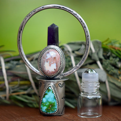 Goddess Amulet - Deluxe Essential Oil Rollerball  Necklace - Cantera Opal, Sonoran Gold Turquoise, & Amethyst Crystal Point