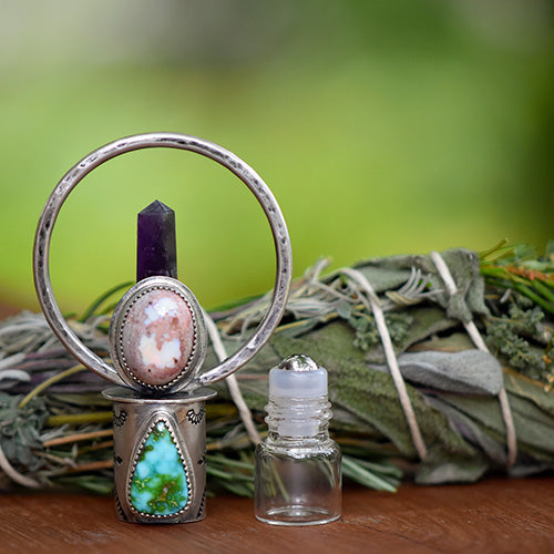 Goddess Amulet - Deluxe Essential Oil Rollerball  Necklace - Cantera Opal, Sonoran Gold Turquoise, & Amethyst Crystal Point