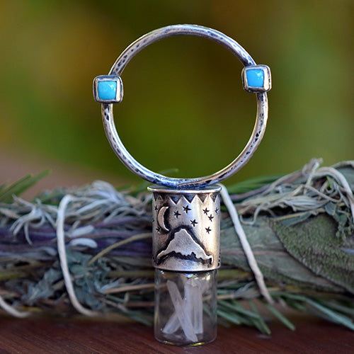 Essential Oil Rollerball  Necklace - Mt. Hood, Crescent Moon & Star Scene with Sonoran Gold Turquoise
