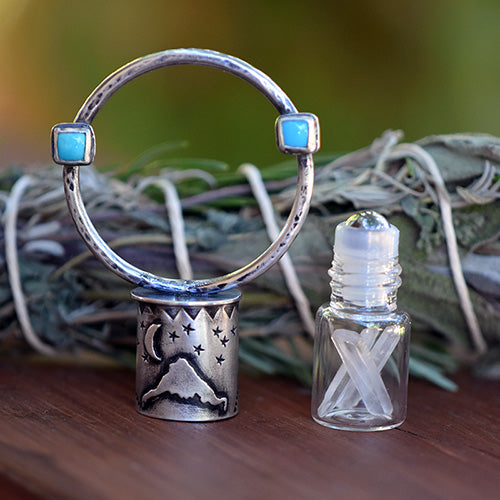 Essential Oil Rollerball  Necklace - Mt. Hood, Crescent Moon & Star Scene with Sonoran Gold Turquoise