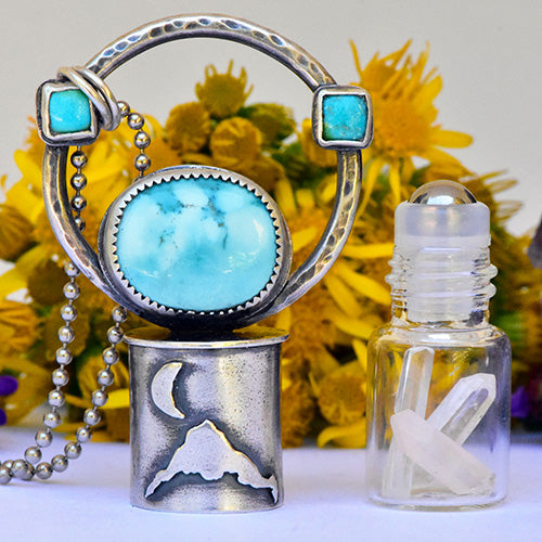 Essential Oil Rollerball Necklace - Mt. Hood & Crescent Moon Scene with Blue Moon & Sonoran Gold Turquoise