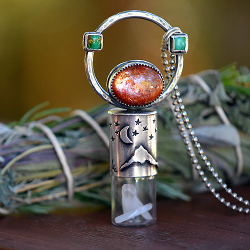 Essential Oil Rollerball  Necklace - Mt. Hood Starry Night, Crescent Moon Scene with Sunstone & Sonoran Gold Turquoise