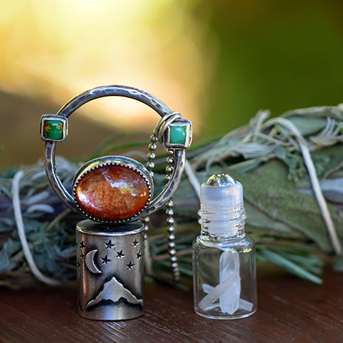 Essential Oil Rollerball  Necklace - Mt. Hood Starry Night, Crescent Moon Scene with Sunstone & Sonoran Gold Turquoise