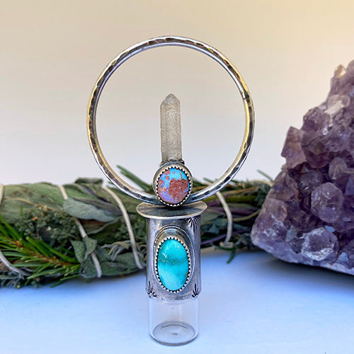 Goddess Amulet - Deluxe Essential Oil Rollerball  Necklace - Cantera Opal, White Water Turquoise, & Quartz Crystal Point