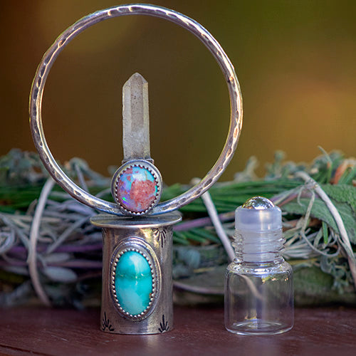 Goddess Amulet - Deluxe Essential Oil Rollerball  Necklace - Cantera Opal, White Water Turquoise, & Quartz Crystal Point