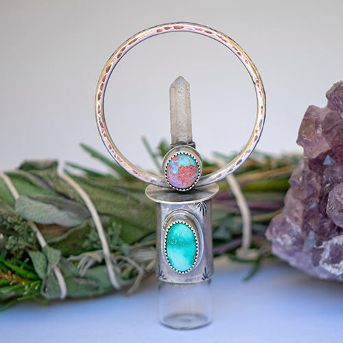 Goddess Amulet - Deluxe Essential Oil Rollerball  Necklace - Cantera Opal, White Water Turquoise, & Quartz Crystal Point