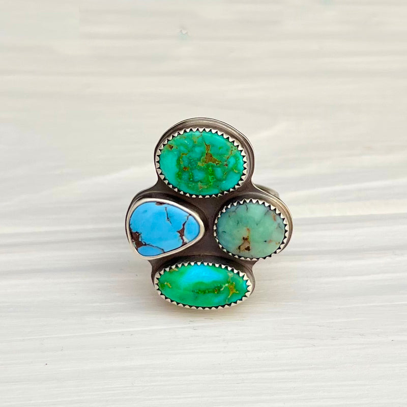 Turquoise Stone Collector Ring with Floral Band - U.S. Size 8 1/2