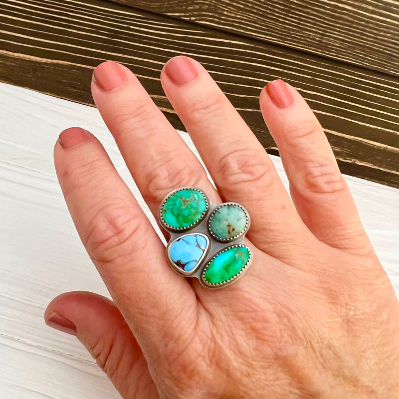 Turquoise Stone Collector Ring with Floral Band - U.S. Size 8 1/2