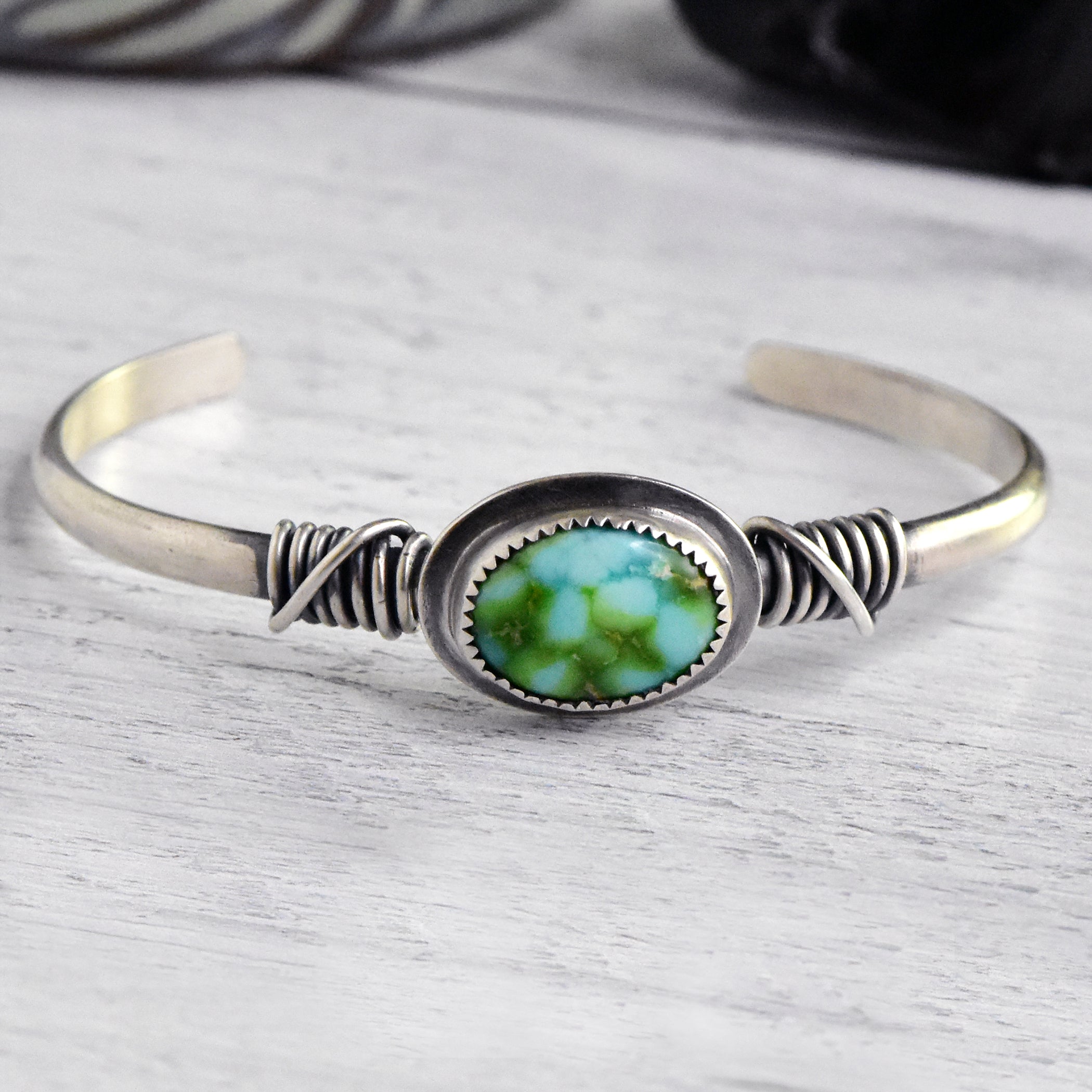 Wire-Wrapped Sterling Silver Cuff with Sonoran Gold Turquoise