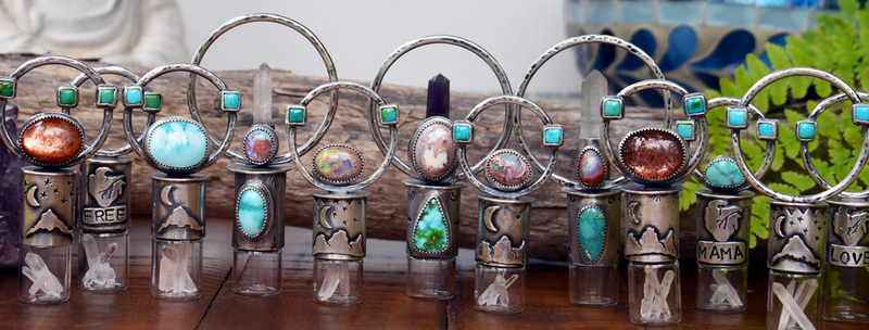 Goddess Amulet - Deluxe Essential Oil Rollerball  Necklace - Cantera Opal, White Water Turquoise, & Quartz Crystal Point