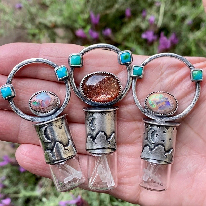 Essential Oil Rollerball  Necklace - Three Sisters Mountain Scene with Sunstone & Sonoran Gold Turquoise